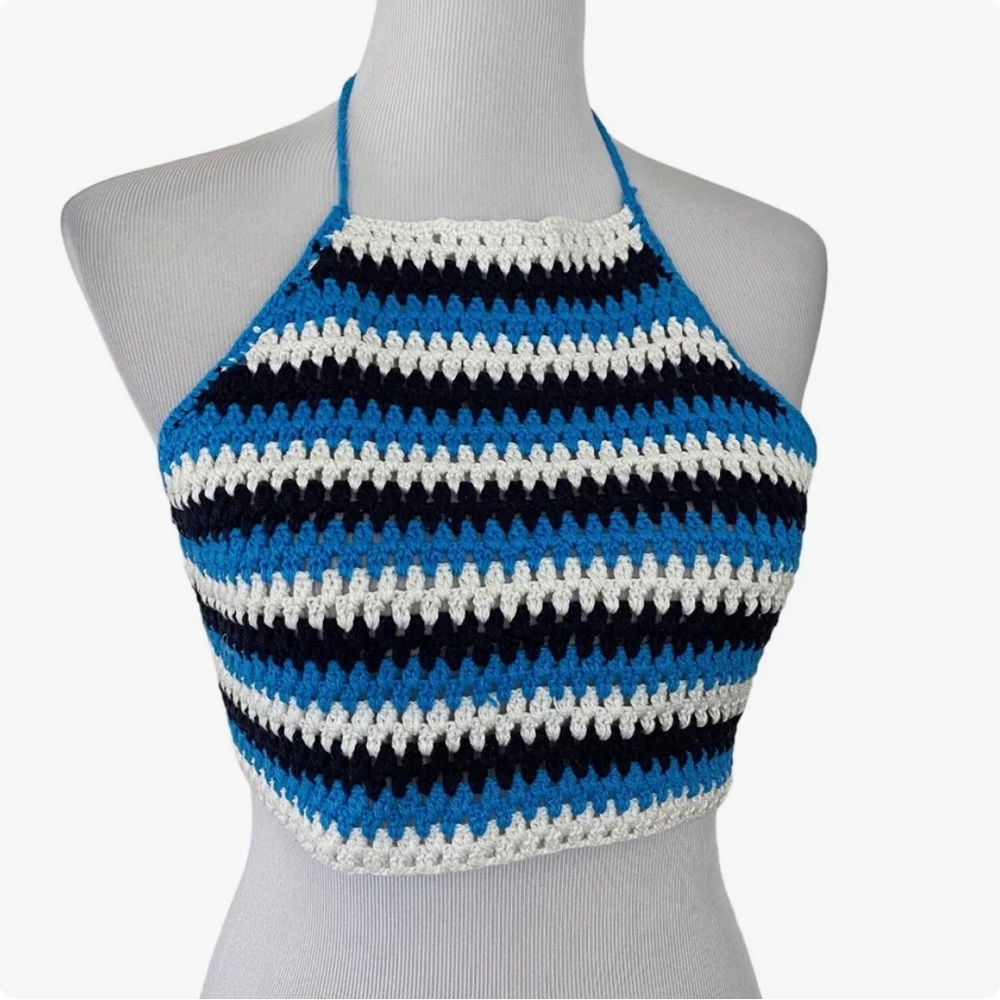 NWT Blue/Black Ziggy Stripe BP Crocheted Halter Top, size S